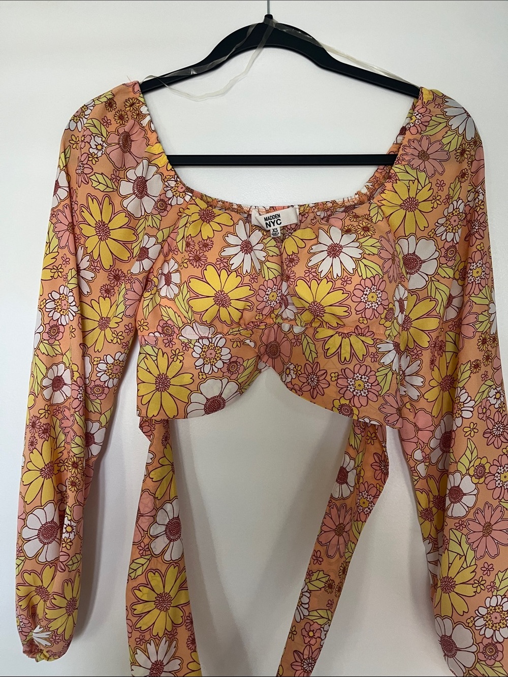 Madden NYC Yellow Floral Tie-Front Crop Top